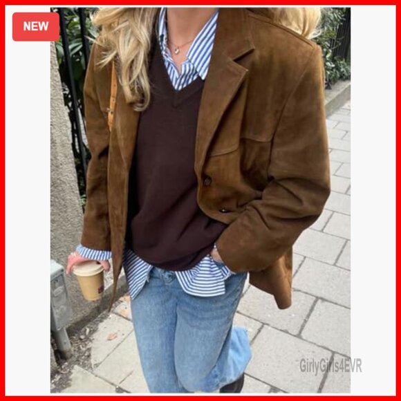 Oversized Faux Leather Blazer Jacket Mid-Thigh Length Long Sleeve - Picture 2 of 4